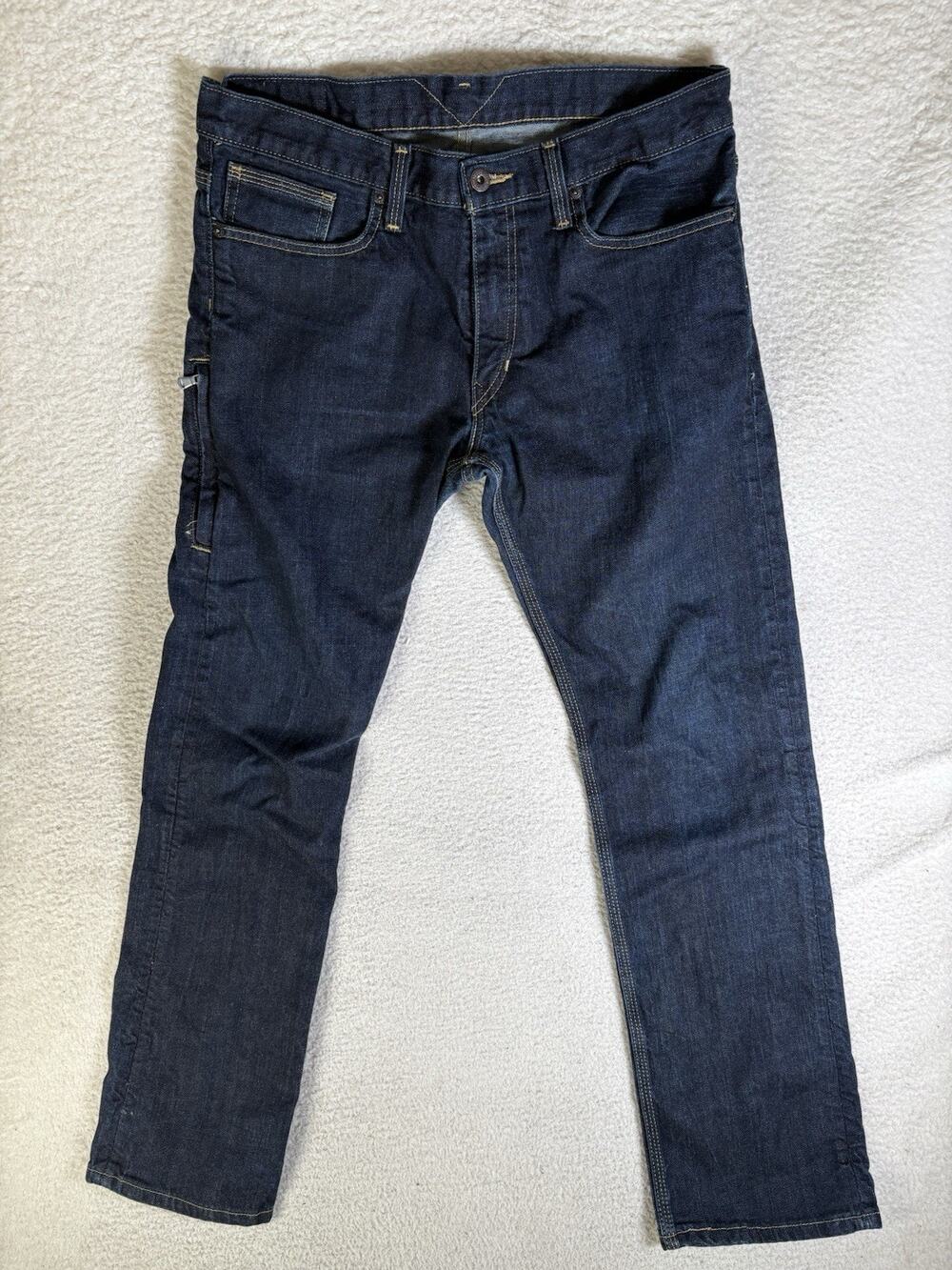 Levis 514 Jeans Mens 34x32 Blue Slim Straight Side Zip Pocket Moto Riding Dark - Picture 1 of 16